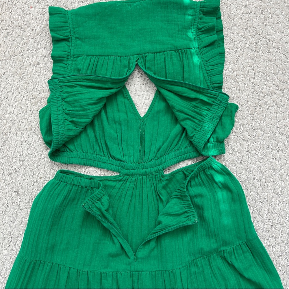 Me + Em Dress 12 Maxi Cheesecloth Cut Out Pockets Tiered Sleeveless Ruffle Green - Picture 10 of 15